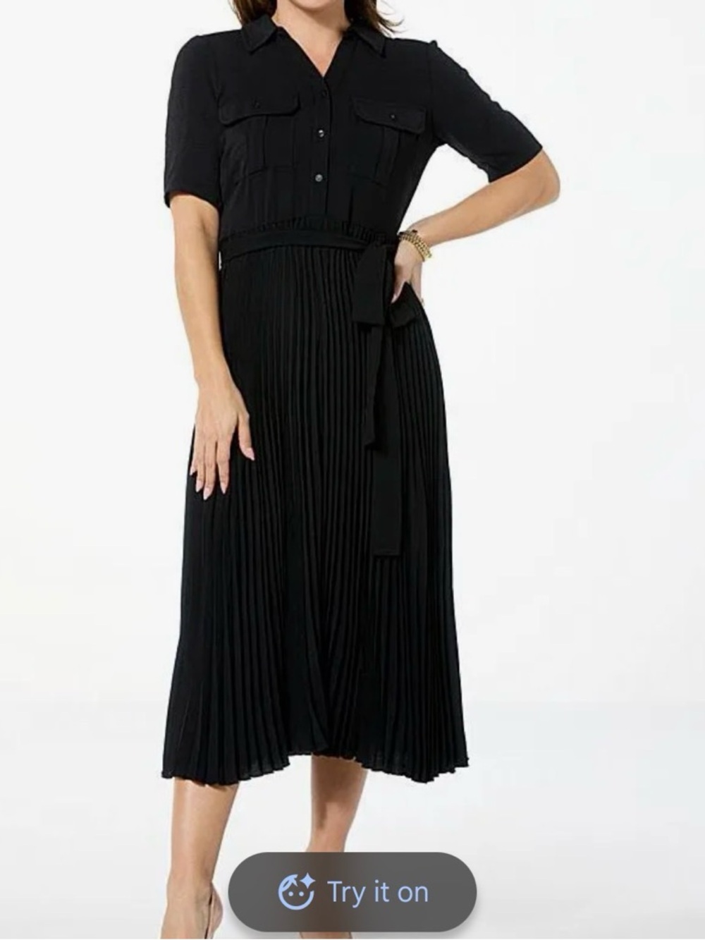 Nina Leonard Black Pleated Shirt-Style Midi Dress with Tie Waist